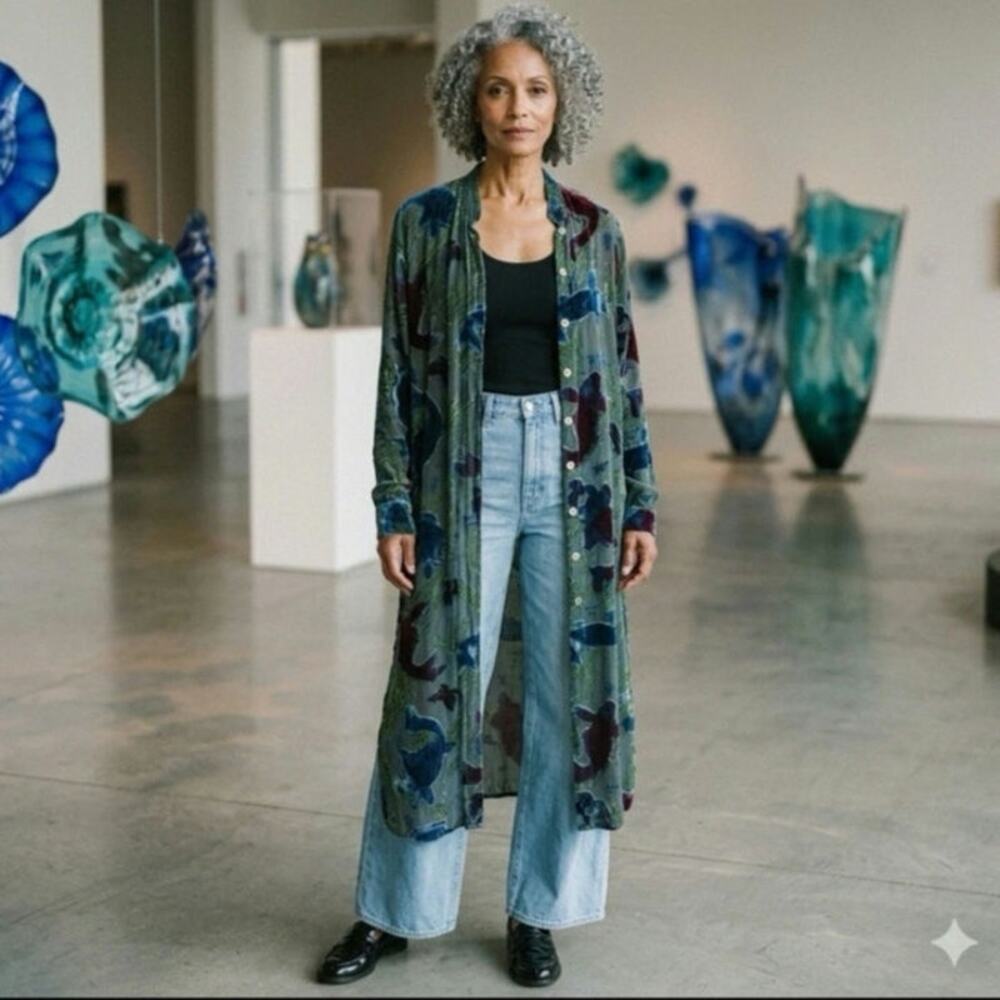Citron Santa Monica Silk Velvet Sheer Floral Toile Maxi Shirt Dress / Duster